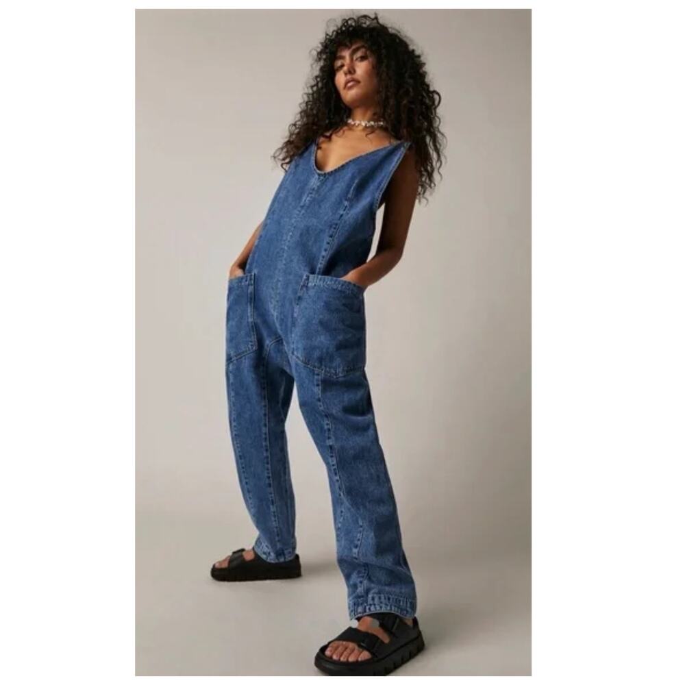 Free People High Roller Denim Jumpsuit Size XS
